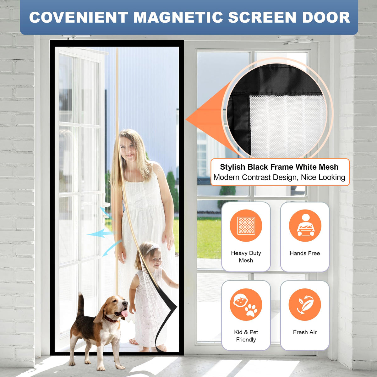 METAONLY Magnetic Screen Door Mesh, Works for Patio, Sliding Door, Keeps Bug Mosquito Out, Fresh Air Flow, Fits 32" x 80" Door - Curtain Size 34" x 82", Black with Lace