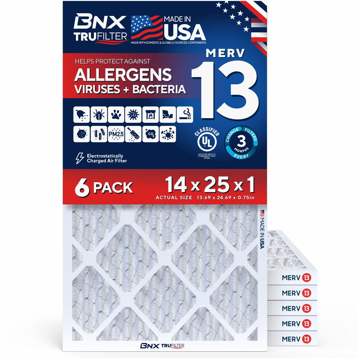 BNX TruFilter 20x20x1 Air Filter MERV 13 Smoke, Allergy, Pet Defense 6-Pack