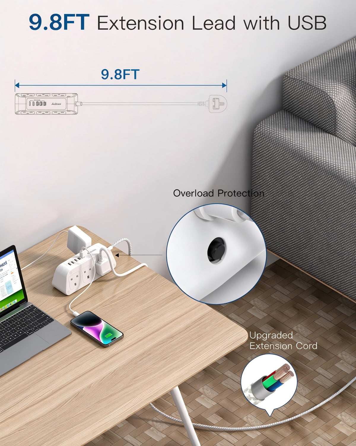 Extension Lead with USB Slots, 6 Way Outlets 5 USB (5A, 3 USB- C Port),1.6M
