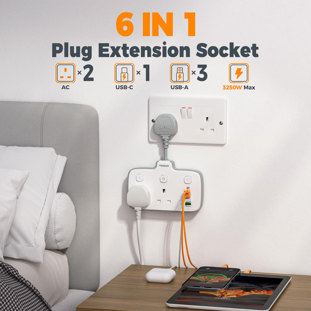 TESSAN Plug Adapter with 3 USB Ports, 2 Way MultiPlug Extension