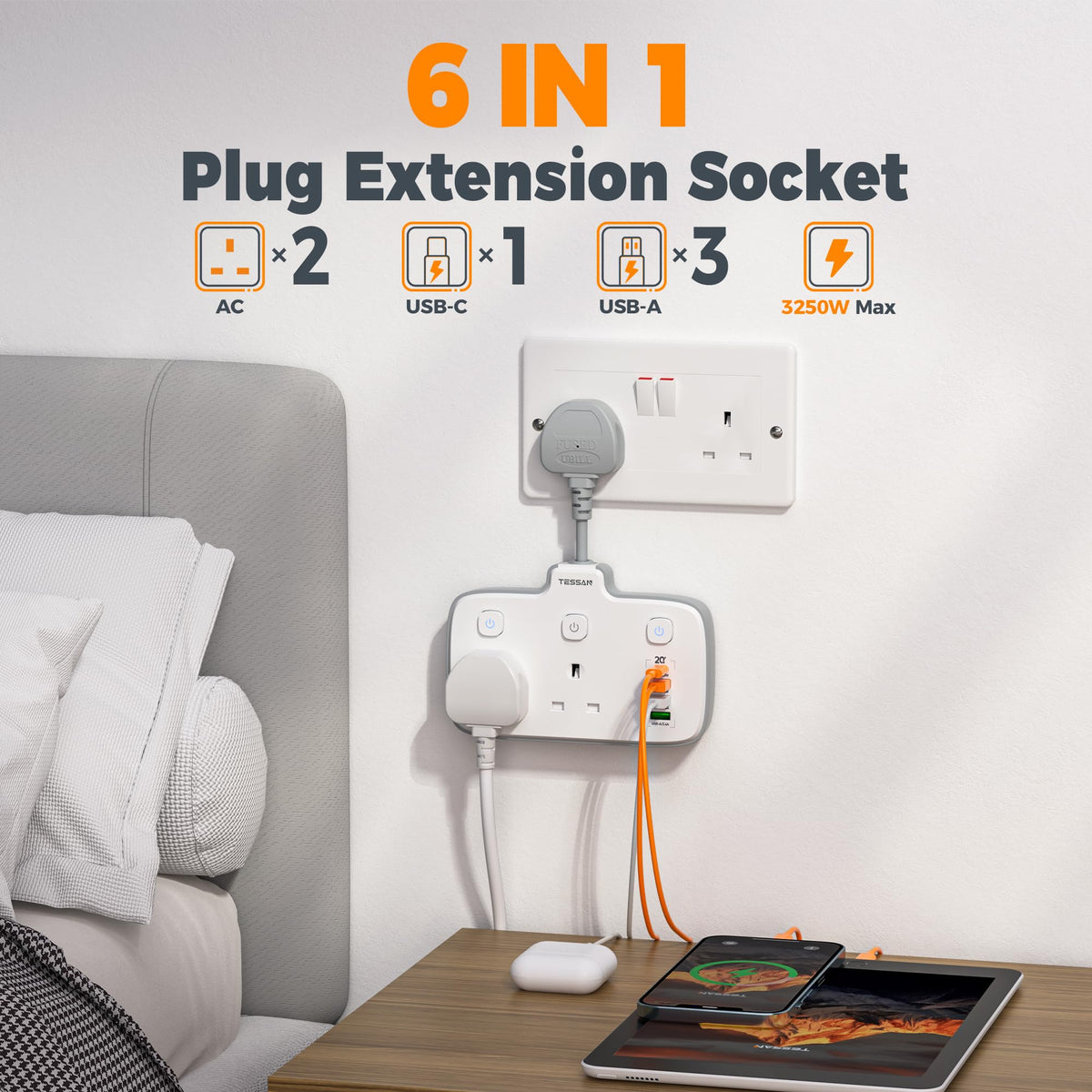 TESSAN Plug Adapter with 3 USB Ports, 2 Way MultiPlug Extension