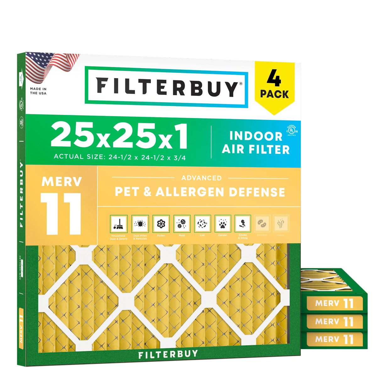Filterbuy 16x20x1 Air Filter MERV 11 Pet & Allergy Defense (4-Pack)
