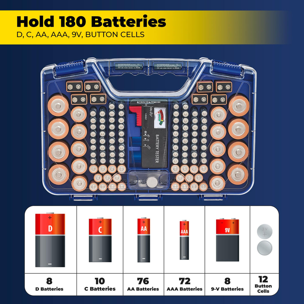Ontel Battery Daddy Storage & Organizer Case w/Tester, Stores & Protects Up to 180 Batteries, Double-Sided, Clear Locking Lid, Secure Latches & Portable Carrying Handle - Red (Batteries Not Included)