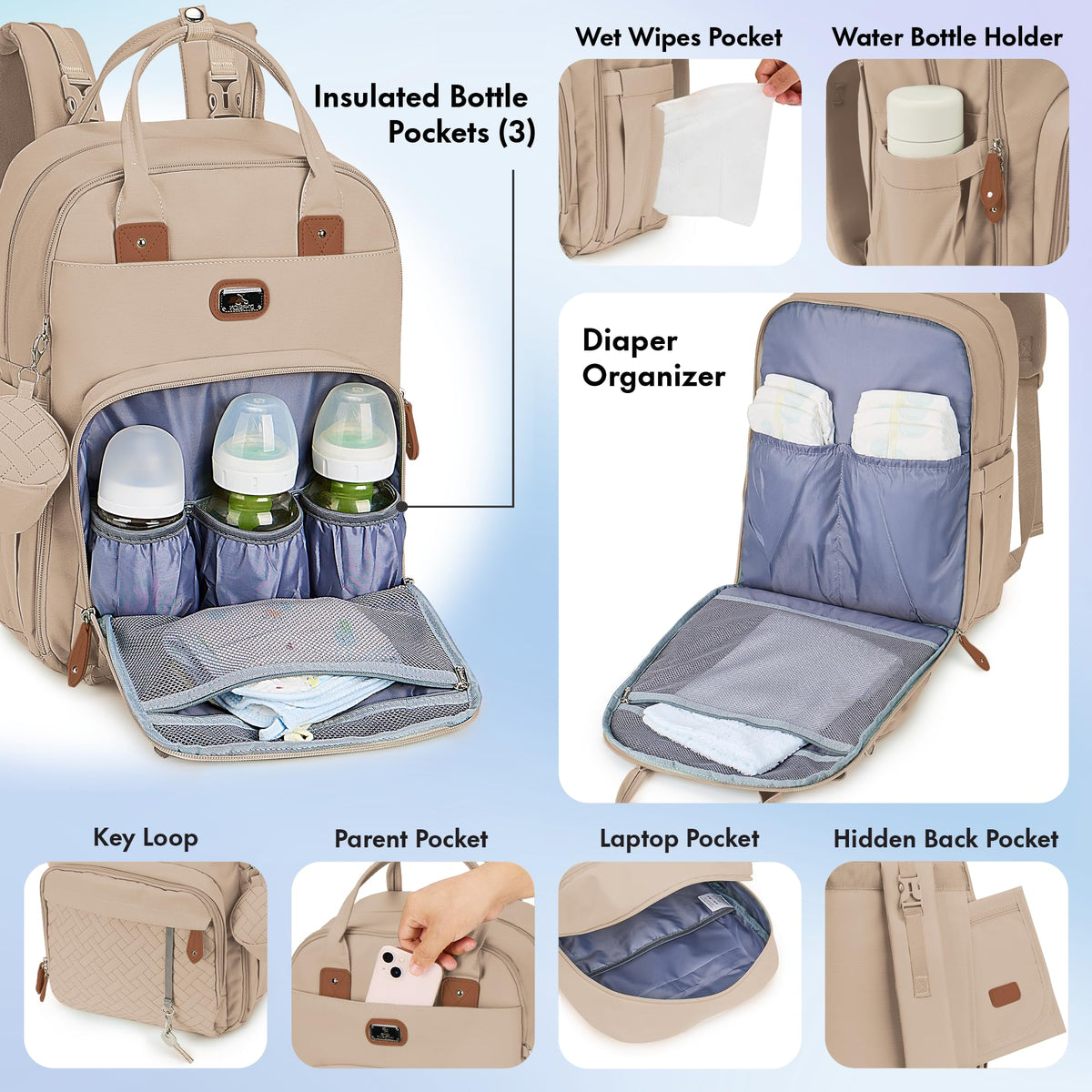 Dikaslon Baby Changing Bag Backpack, Large Nappy Back Pack Multifunction Baby Bags with Portable Changing Mat, Pacifier Holder, and Stroller Straps, for Mom and Dad