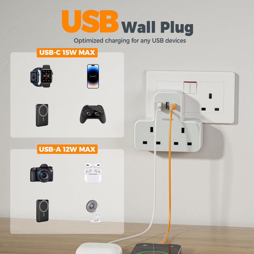 TESSAN USB Charger Plug Adapter UK (2 USB C), Double Plug Extension Socket
