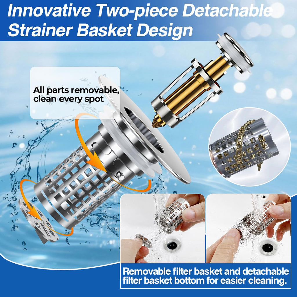 Bathroom Sink Drain Strainer,(2PCS) Pop-up Sink Drain Strainer with Removable Stainless Steel Strainer Basket Hair Catcher, Bathroom Sink Strainer for Bathroom Sink Stopper Replacement