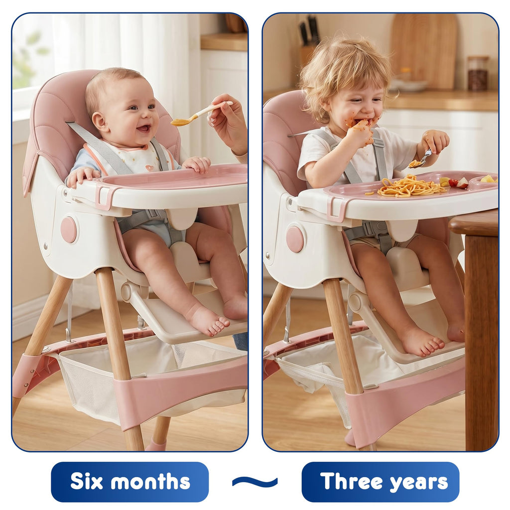 Baby High Chair Foldable Highchair, High Chairs for Babies and Toddlers Adjustable Height & Reclining Seat Detachable Double Tray, Ergonomic Feeding Portable Highchairs for Newborn 6 Months to 5 Years