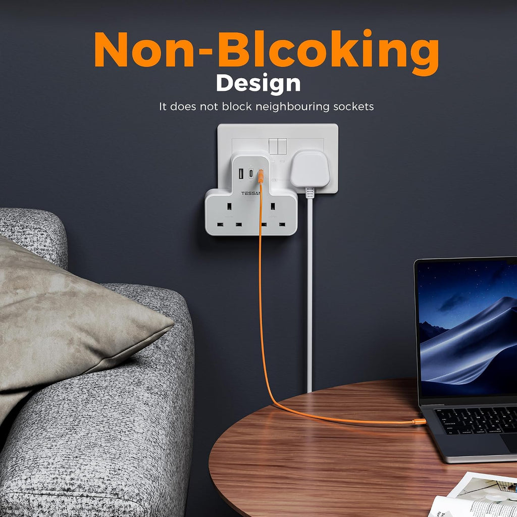 TESSAN USB Charger Plug Adapter UK (2 USB C), Double Plug Extension Socket