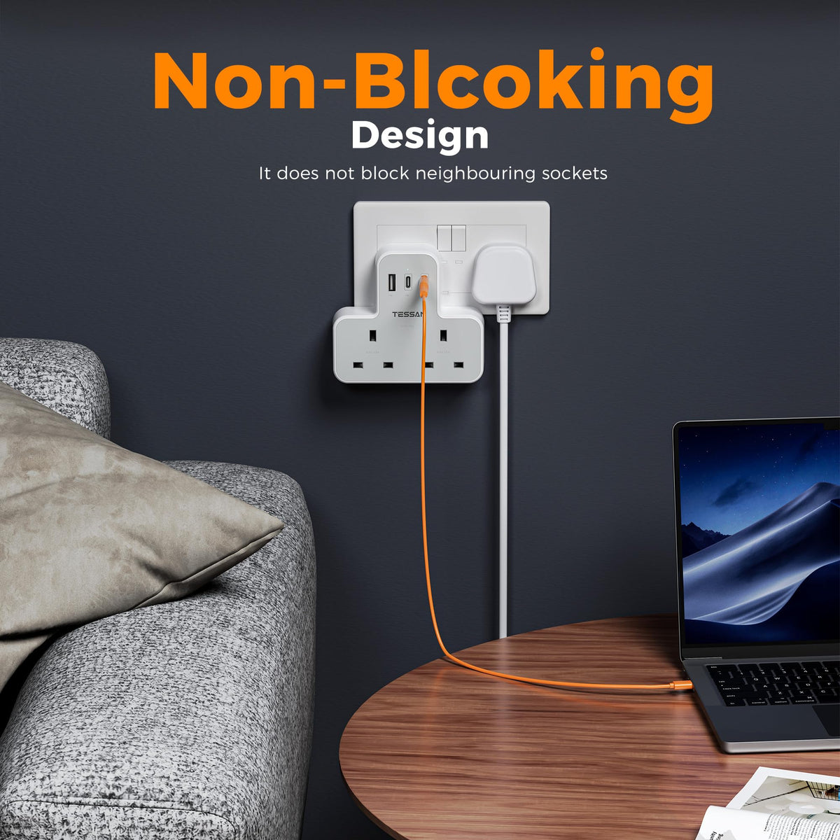 TESSAN Plug Adapter with 3 USB Ports, 2 Way MultiPlug Extension