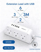Extension Lead with USB Slots, 6 Way Outlets 5 USB (5A, 3 USB- C Port),1.6M