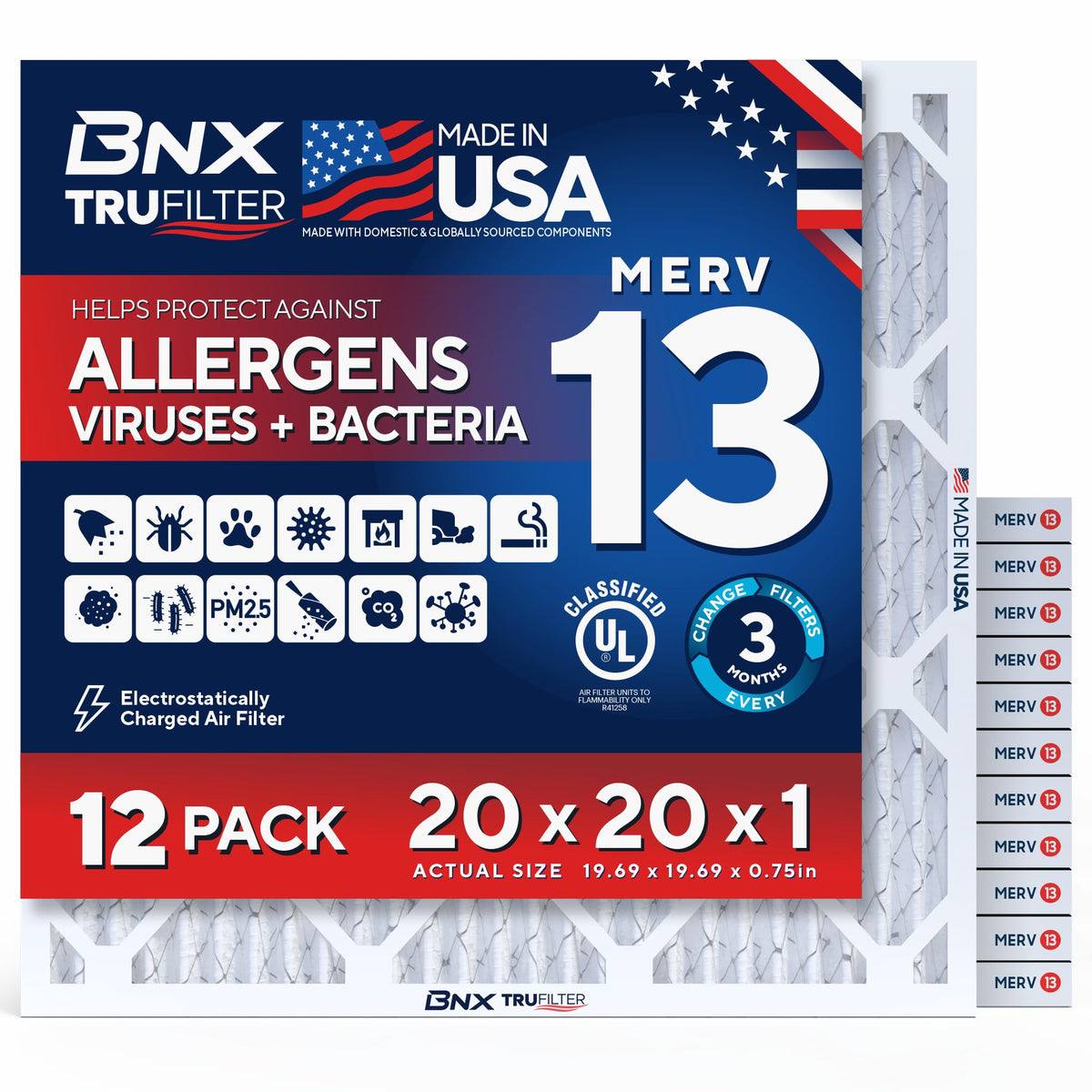 BNX TruFilter 20x20x1 Air Filter MERV 13 Smoke, Allergy, Pet Defense 6-Pack
