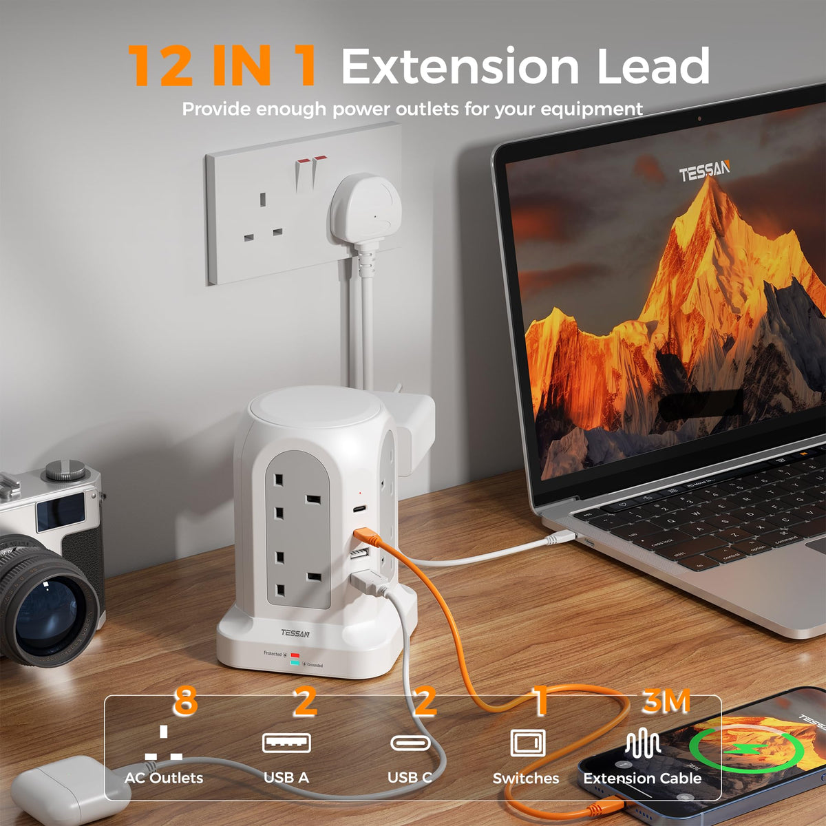 TESSAN 8 Way Tower Extension Lead 2M with 4 USB Slots (2 USB C)