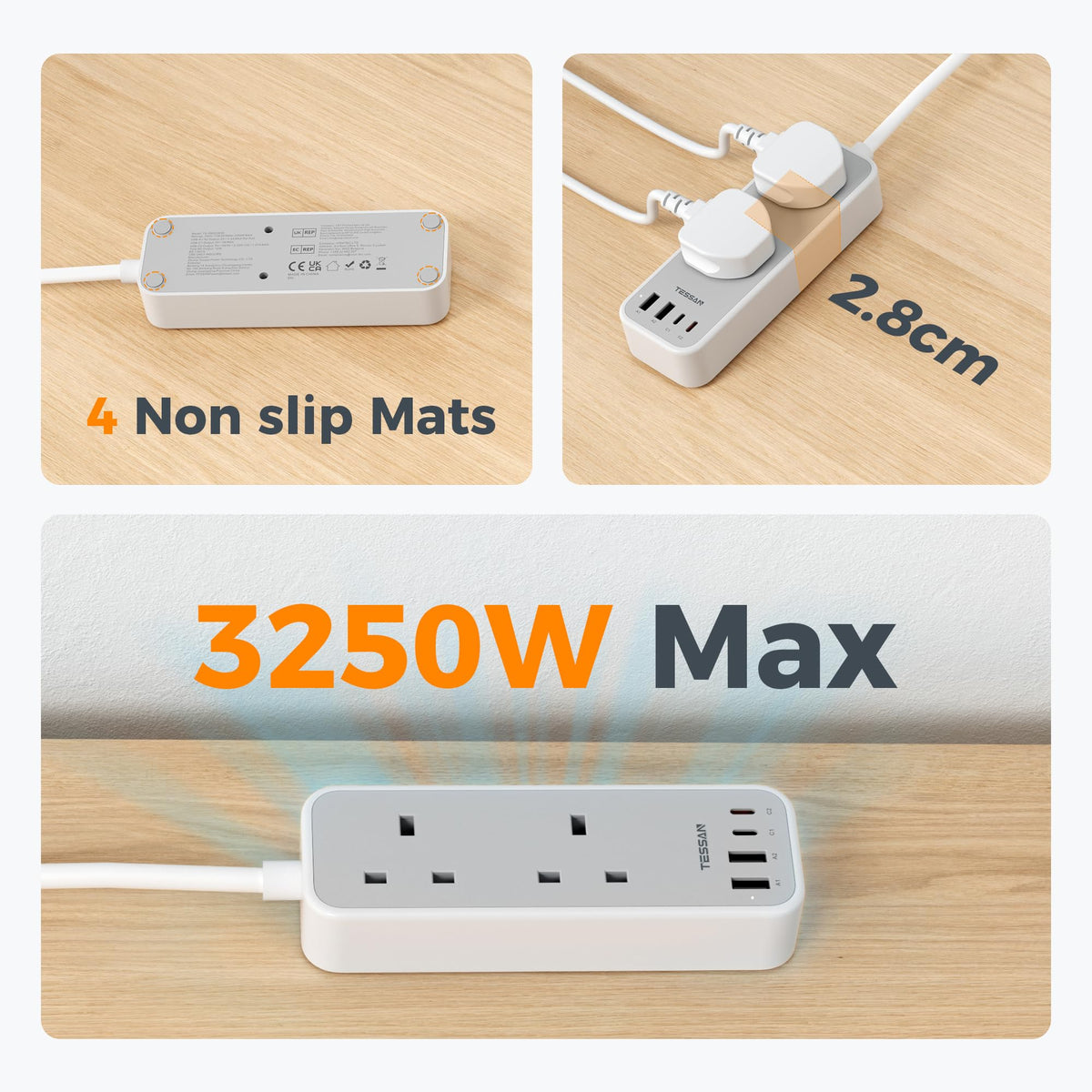 TESSAN 10M Long Extension Lead with PD 20W USB C Charger (4 USB Slots)