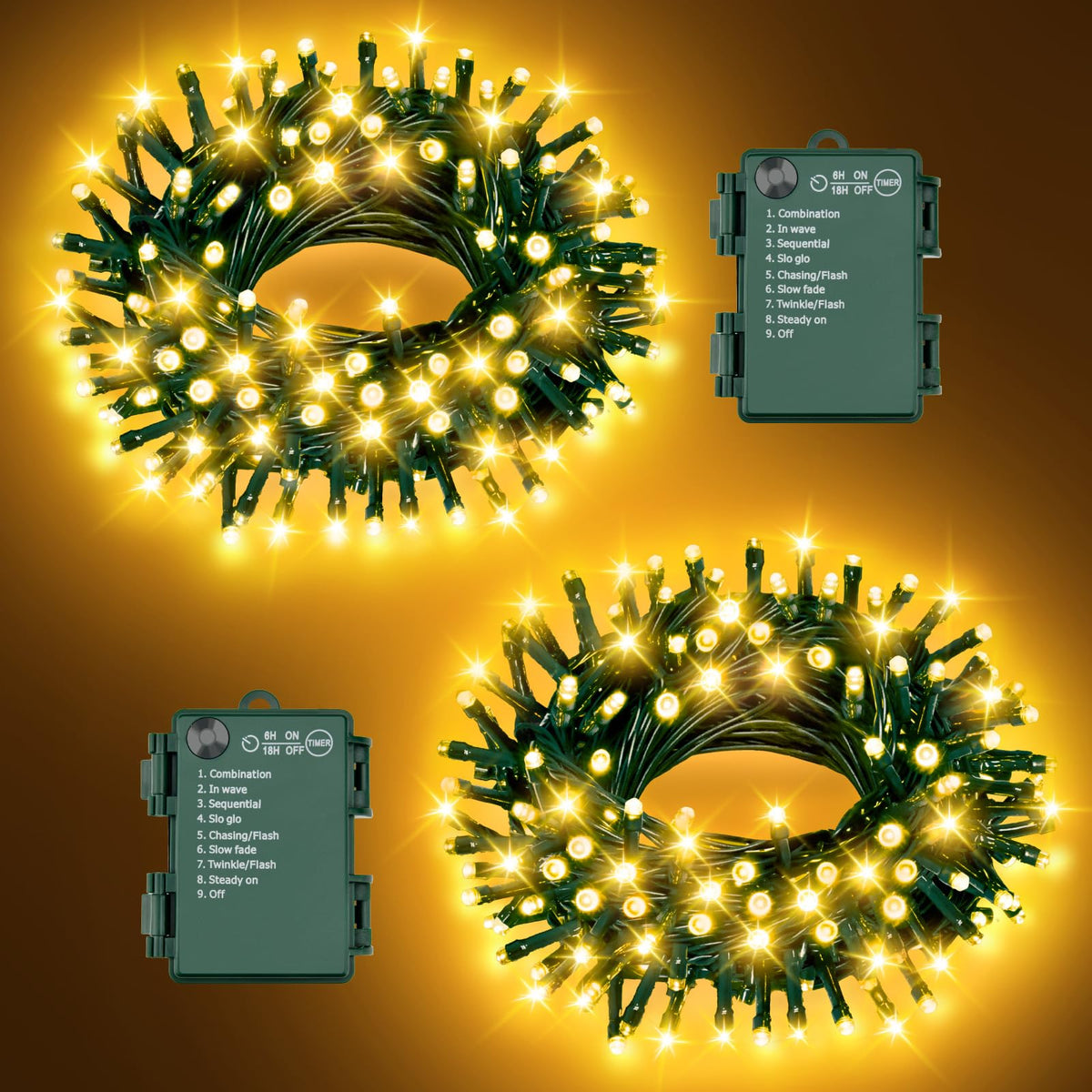 Christmas Lights Outdoor Battery Operated String Lights Total 100LED 33Ft with Timer 8 Modes 16.4Ft*2 Waterproof Outdoor Indoor for Christmas Decor, Warm White, 2-Pack