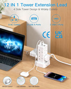 3M Tower Extension Lead with 2 USB C Slots, 8 Way Outlets Power Strip, 10Ft