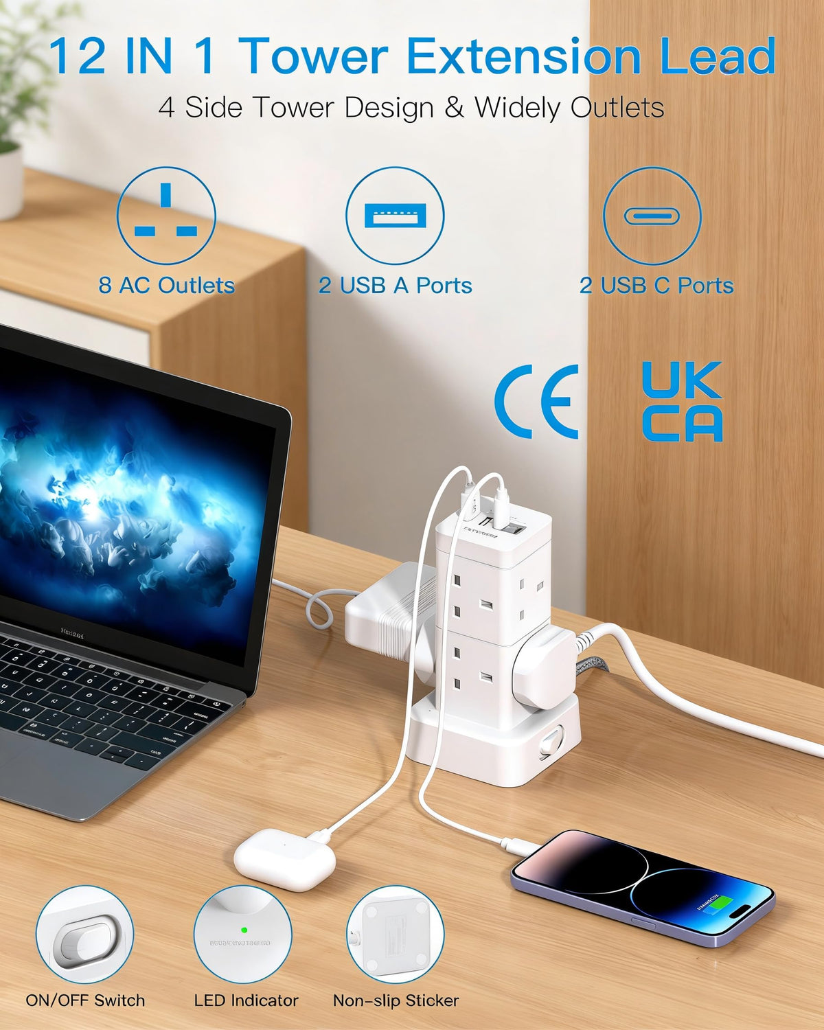 3M Tower Extension Lead with 2 USB C Slots, 8 Way Outlets Power Strip, 10Ft