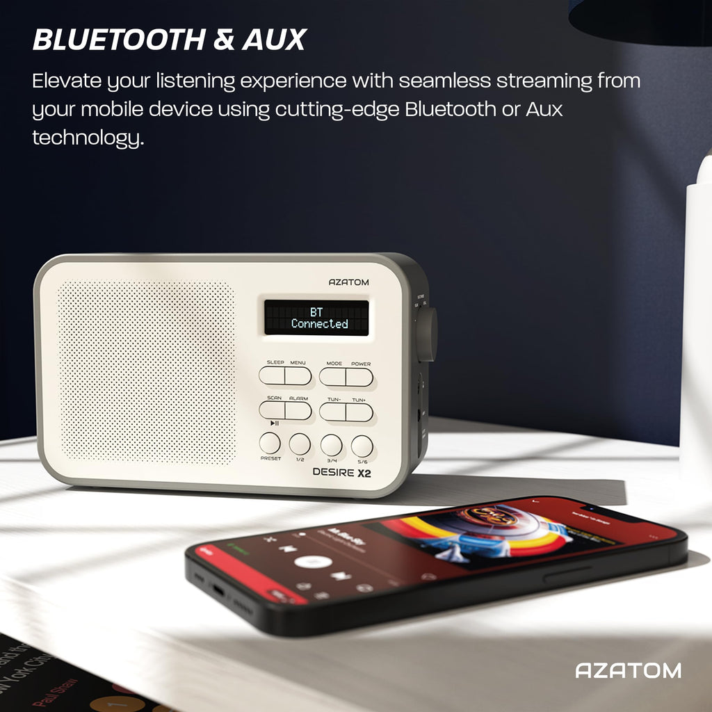 DAB/DAB+ & FM Portable Digital Radio | Simple Controls | Dual Alarms & Sleep Timer | Battery & Mains Powered (4x”AA”) | Bluetooth | Perfect for Home, Office or Outdoors | AZATOM Desire X2 (Oak)