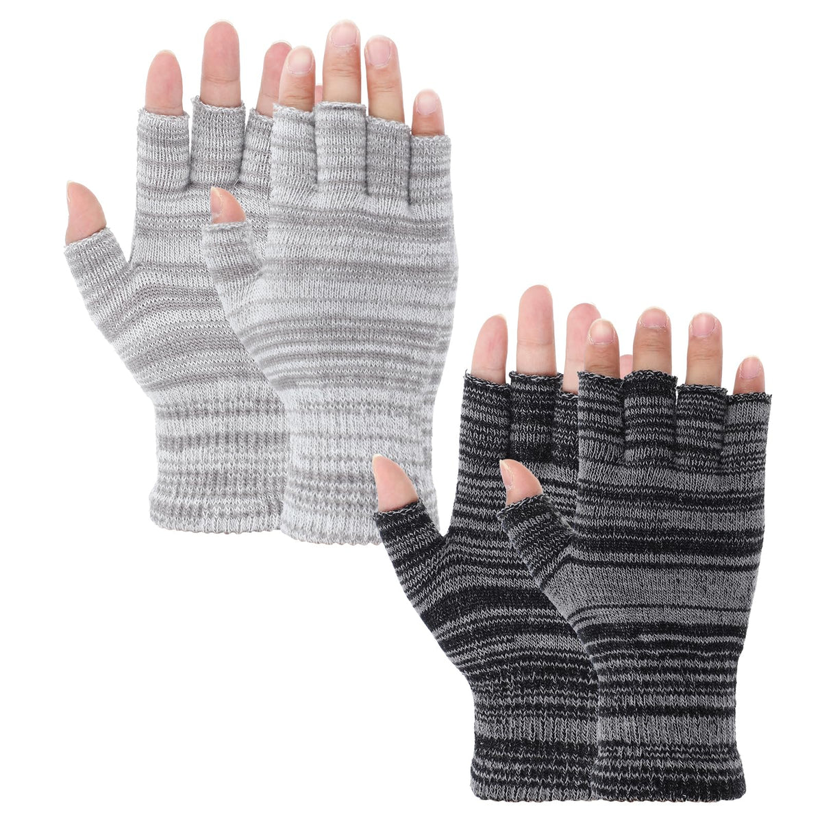 Grevosea 2 Pair Fingerless Warm Gloves - Winter Half Finger Gloves Thickened Knit Touchscreen Stretchy Mittens for Men Women