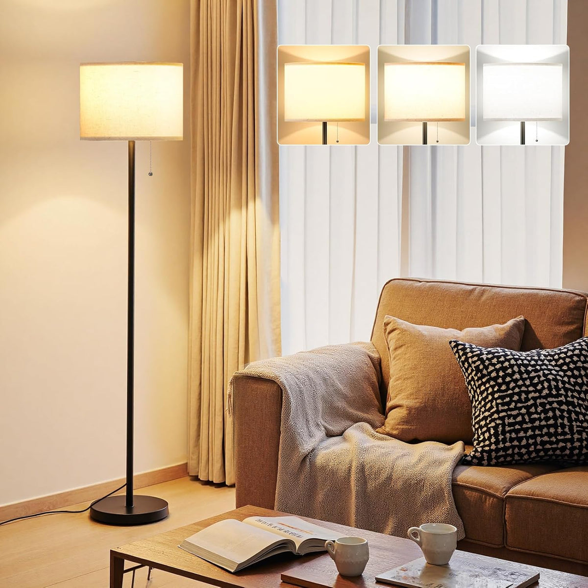 Ambimall Floor Lamp for Living Room with Smart Light Bulb, RGB + Stepless Dimmable Colors Temperature & Brightness(White Shade & Black Pole)