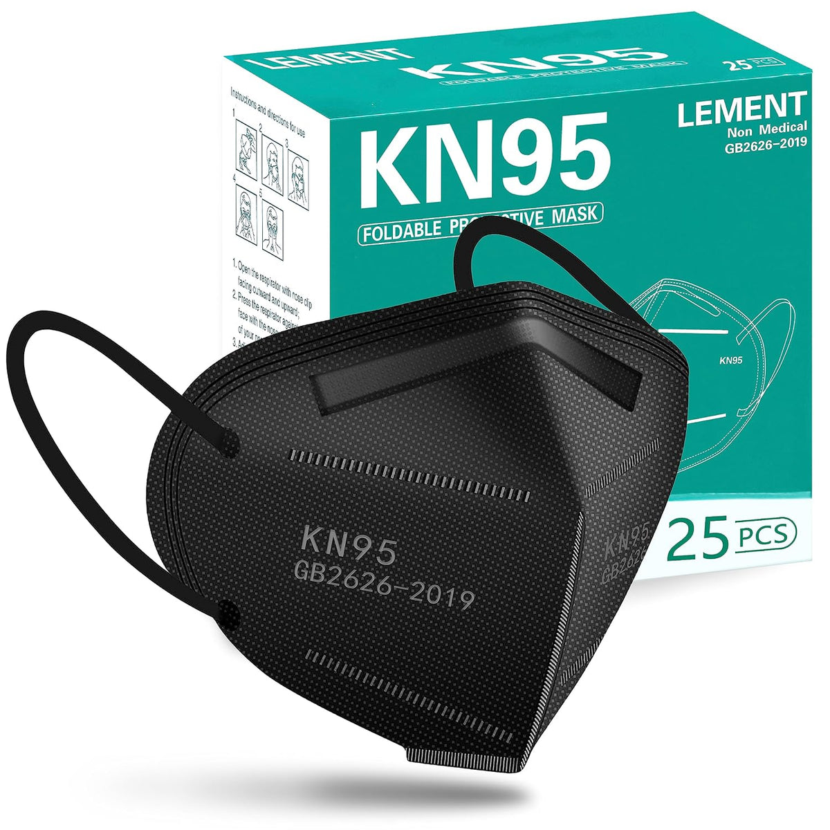 LEMENT 50pcs KN95 Face Mask Black 5-Layer Filter≥95% Cup Dust Safety Masks