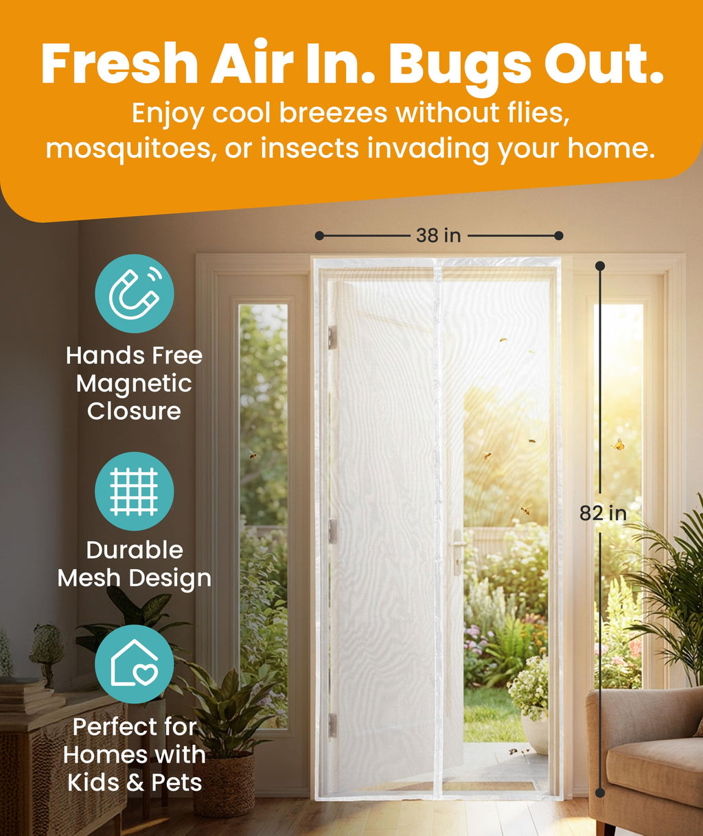Flux Phenom Magnetic Screen Door - Bugs Out, Breeze in - 9min Install Auto-Sealing Heavy Duty Double Stitched Mesh, 52 Magnets, Hands Free Sliding & Patio Doors Net, Pet & Kid Friendly, 38 x 82 Inch