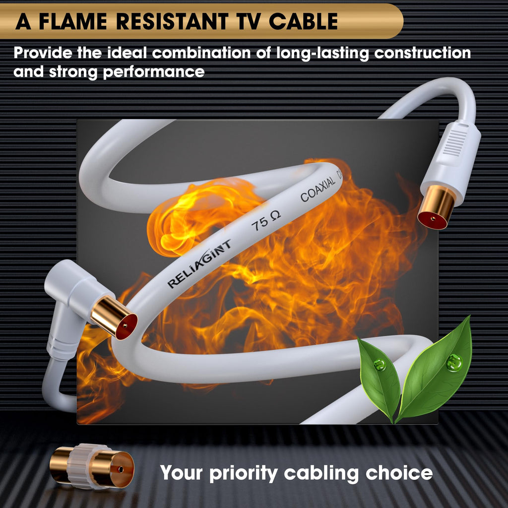 TV Aerial Cable 10m, 75 Ohm Coaxial Lead, IEC 9.5mm Male to Male 3C2V Pure Copper Dual Shielded, Right-Angle Connector, Female to Female Adaptor Included, Black