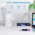 Tower Extension Lead 2M, 12 Way, 6 USB, 4 Independent Switches