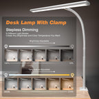 Airlonv LED Desk Lamp with Clamp, 17" Stepless Dimming Light, Black