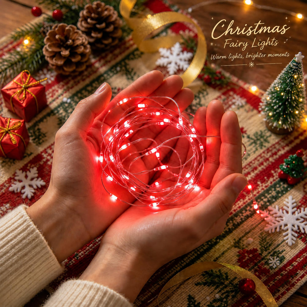 Dazzle Bright Fairy Lights Battery Operated, 20 FT 60 LED Silver Wire Waterproof Battery Operated String Lights, Christmas Decorations for Indoor Outdoor Bedroom Yard Decor, Red
