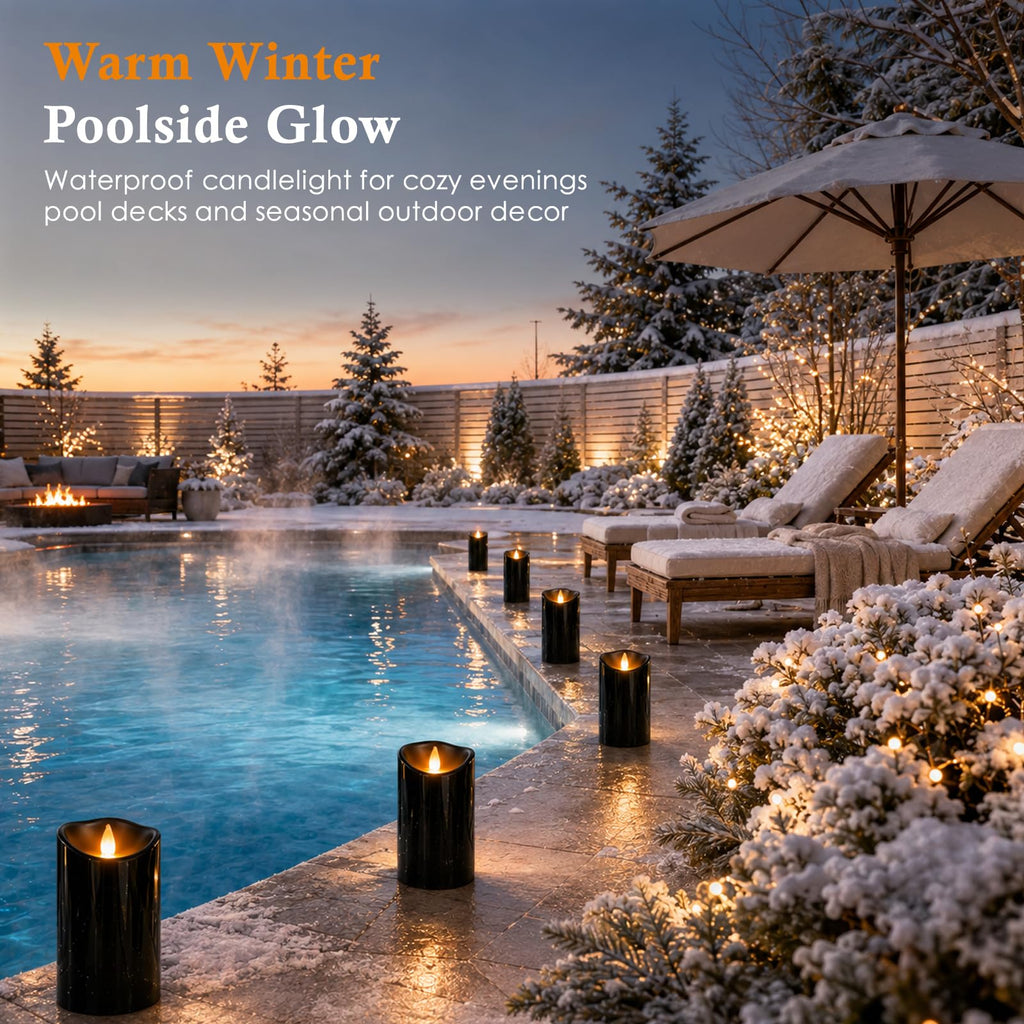 Outdoor Flameless Candles, Patented 3D Dual-LED, Set of 2 Slanted Plastic Pillars with Remote, Waterproof Non-Melting Battery Operated Decor for Bathroom Bedroom Gift, Black (D3 x H6)