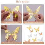 SAOROPEB 3D Butterfly Wall Decor 48 Pcs Gold Butterfly Birthday Decorations