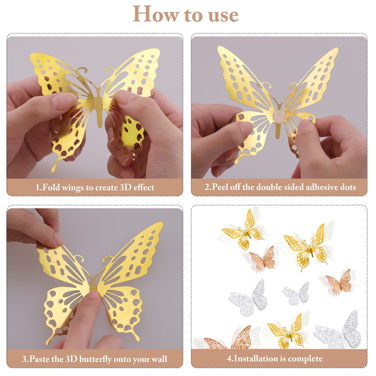 SAOROPEB 3D Butterfly Wall Decor 48 Pcs Gold Butterfly Birthday Decorations