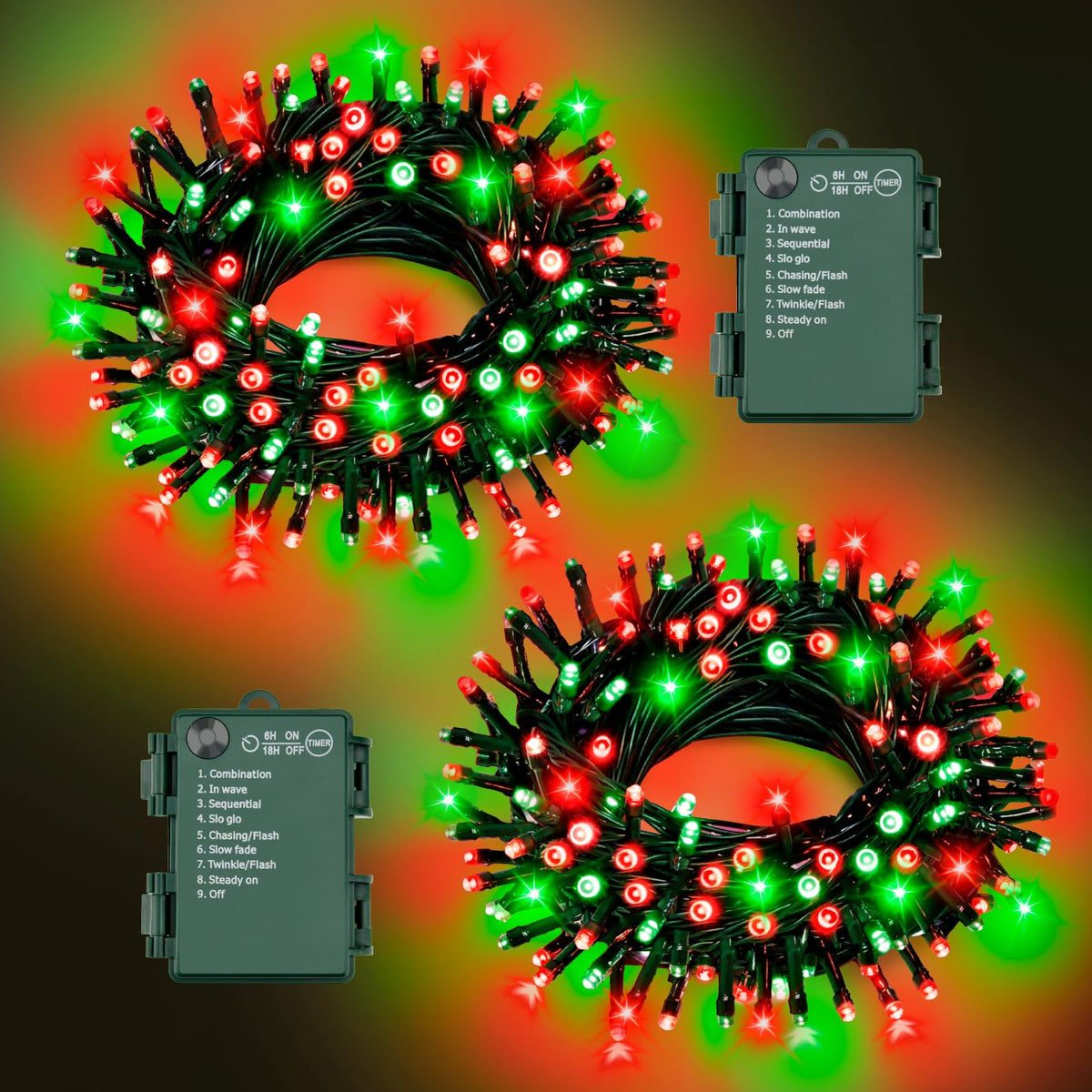 Christmas Lights Outdoor Battery Operated String Lights Total 100LED 33Ft with Timer 8 Modes 16.4Ft*2 Waterproof Outdoor Indoor for Christmas Decor, Warm White, 2-Pack