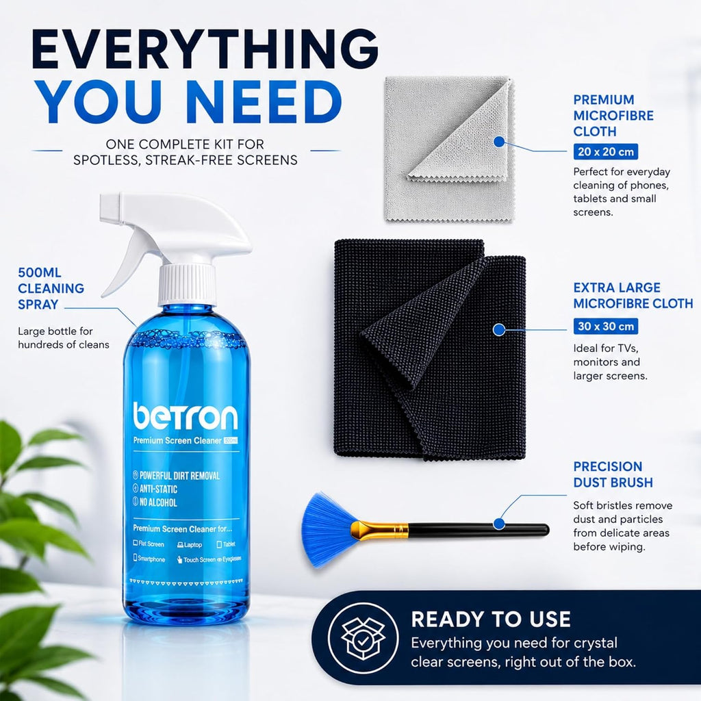 Betron Screen Cleaner Spray Kit with Cloth for TV, Laptop, Monitor, 500ml