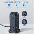 Tower Extension Lead 2M, 12 Way, 6 USB, 4 Independent Switches