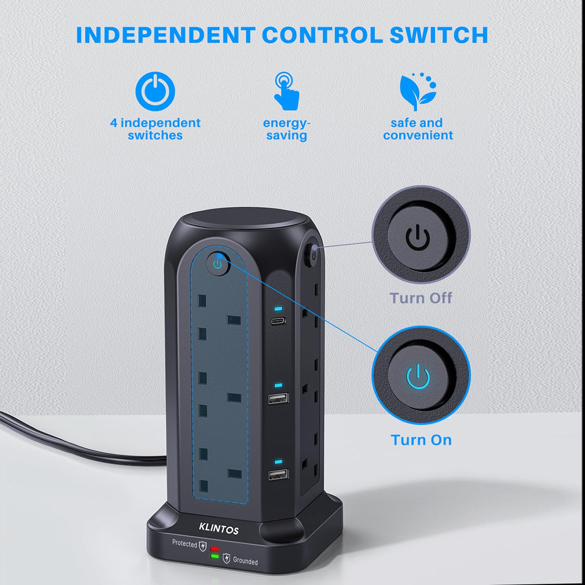 Tower Extension Lead 2M, 12 Way, 6 USB, 4 Independent Switches