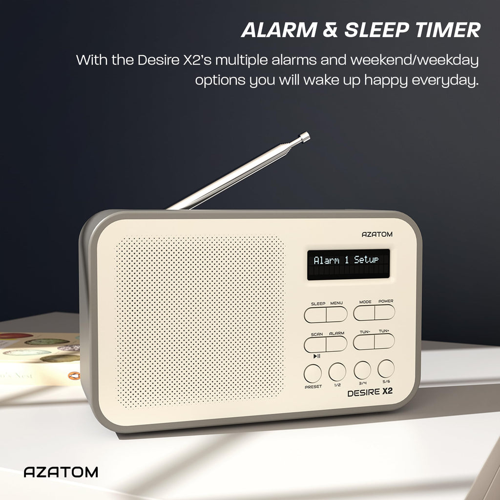 DAB/DAB+ & FM Portable Digital Radio | Simple Controls | Dual Alarms & Sleep Timer | Battery & Mains Powered (4x”AA”) | Bluetooth | Perfect for Home, Office or Outdoors | AZATOM Desire X2 (Oak)