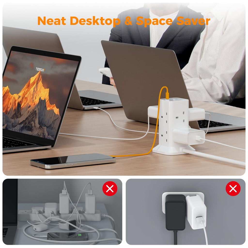 TESSAN Tower Black Extension Lead with USB C Slots