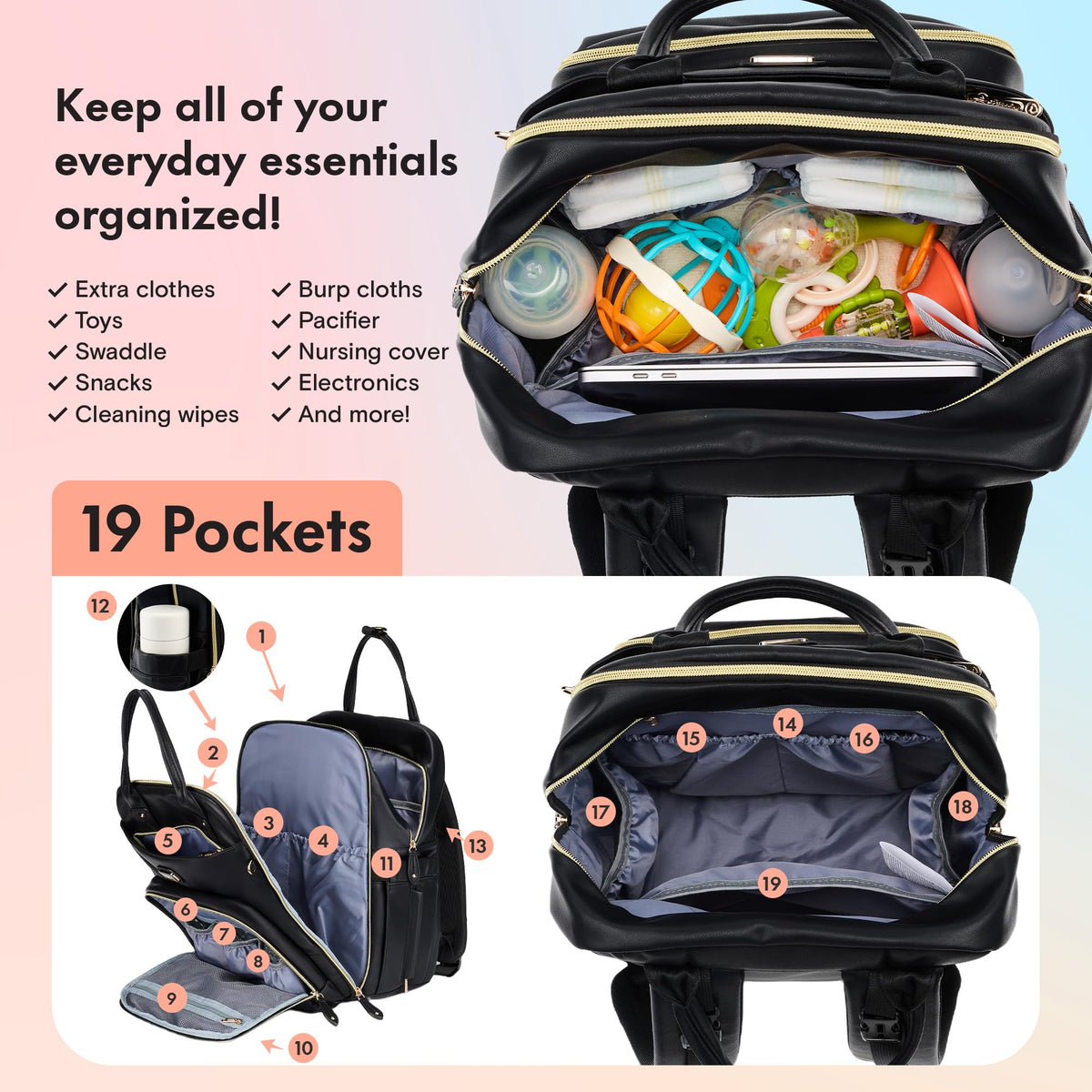 Dikaslon Baby Changing Bag Backpack, Large Nappy Back Pack Multifunction Baby Bags with Portable Changing Mat, Pacifier Holder, and Stroller Straps, for Mom and Dad