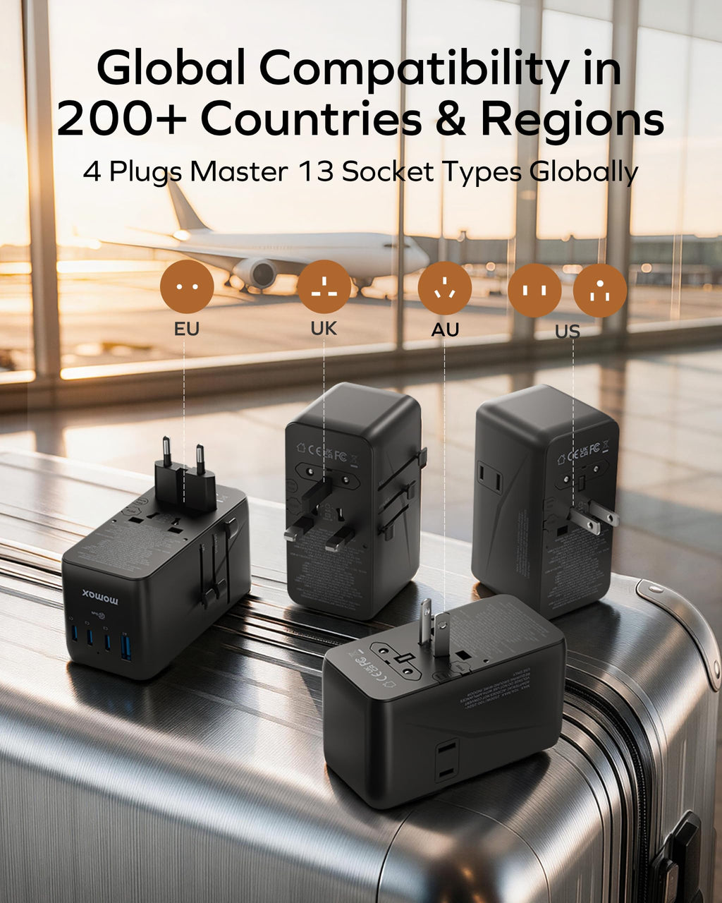 MOMAX Universal Travel Adapter 70W GaN, Travel Plug Adapter for UK/EU/AU/US