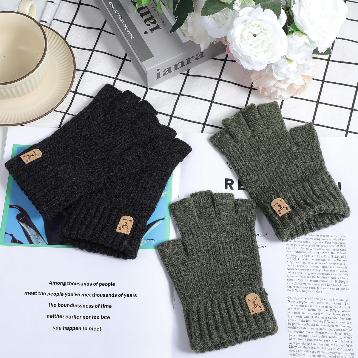 Grevosea 2 Pair Fingerless Warm Gloves - Winter Half Finger Gloves Thickened Knit Touchscreen Stretchy Mittens for Men Women