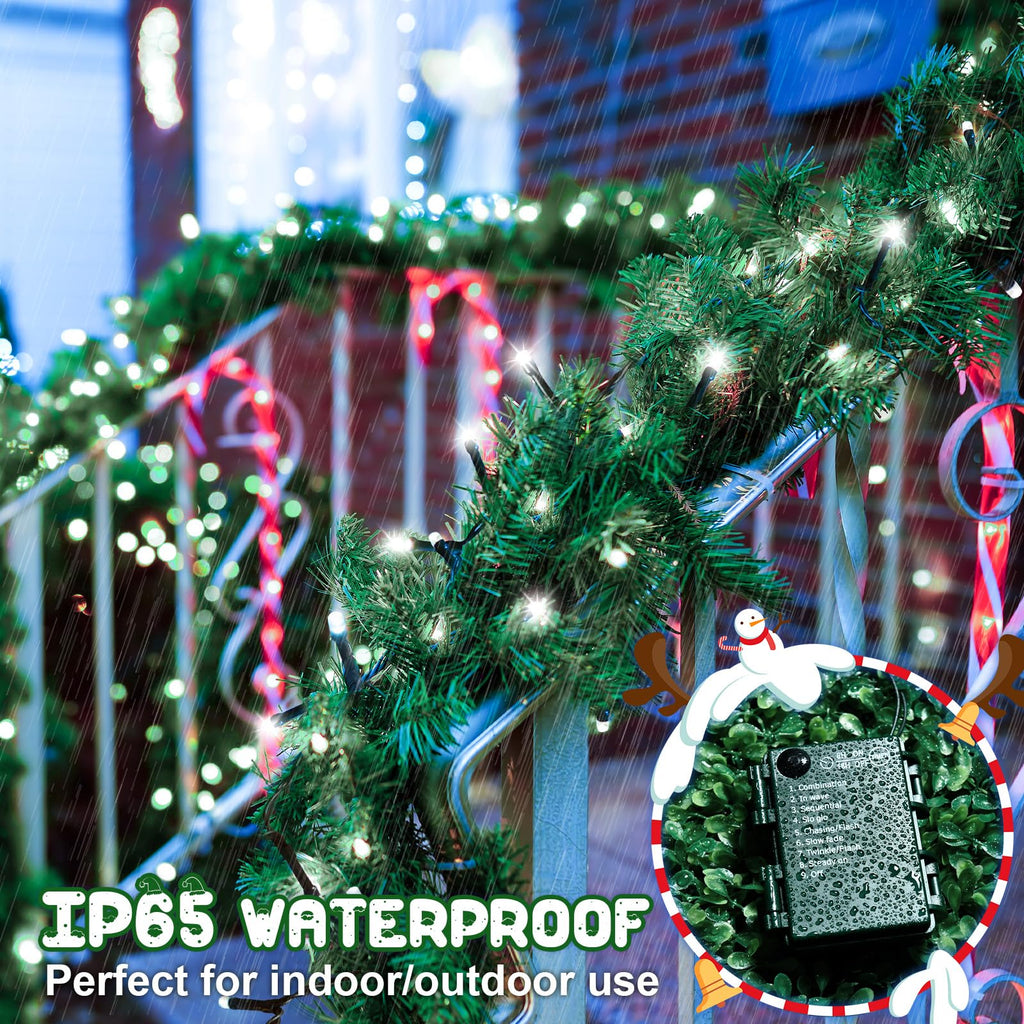 Christmas Lights Outdoor Battery Operated String Lights Total 100LED 33Ft with Timer 8 Modes 16.4Ft*2 Waterproof Outdoor Indoor for Christmas Decor, Warm White, 2-Pack