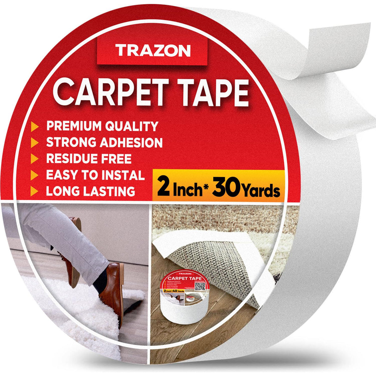 Carpet Tape Double Sided - Rug Tape Grippers for Hardwood Floors and Area Rugs - Carpet Binding Tape Strong Adhesive and Removable, Heavy Duty Stickers Grip Tape, Residue Free (2 Inch / 12 Yards)