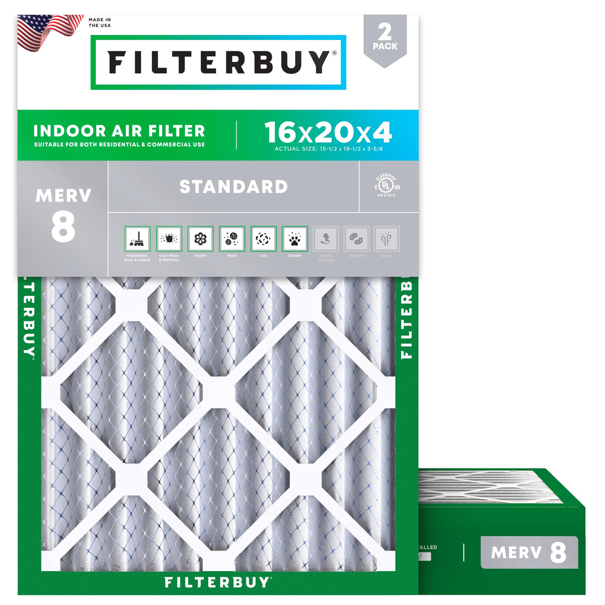 Filterbuy 18x18x1 Air Filter MERV 8 Dust & Allergy Defense (2-Pack)