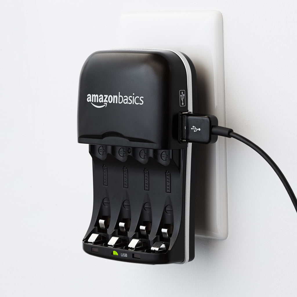 Amazon Basics Battery Charger for Rechargeable AA and AAA NiMh Batteries – UK Plug, 4-Bay, Black
