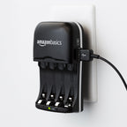 Amazon Basics Battery Charger for Rechargeable AA and AAA NiMh Batteries – UK Plug, 4-Bay, Black