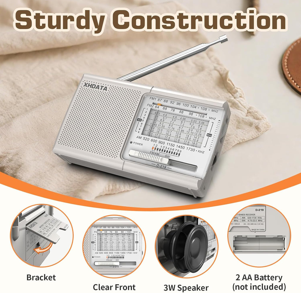 XHDATA D219 Portable Radio Retro FM AM SW Radio Battery Operated for Household Outdoor Camping Hiking Pocket Radio Beige