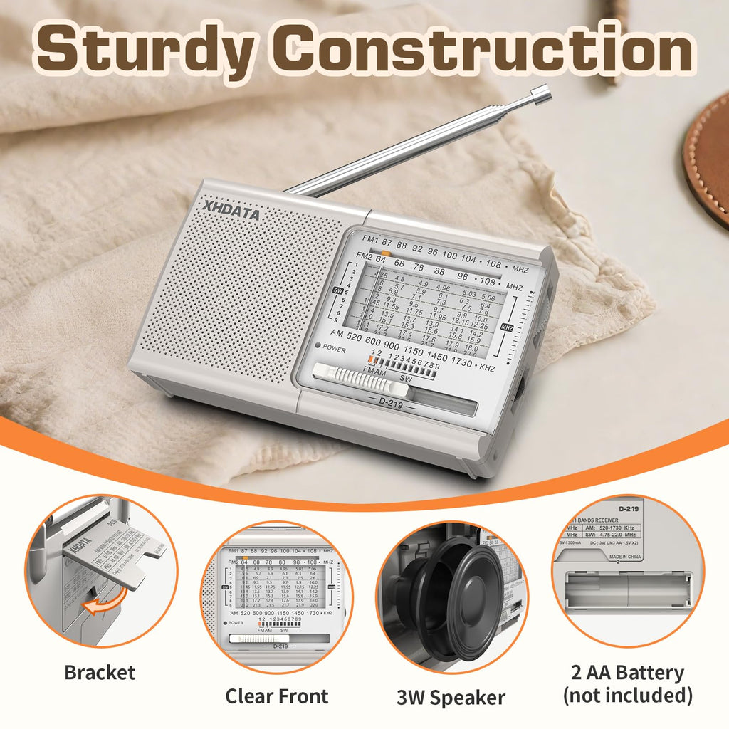 XHDATA D219 Portable Radio Retro FM AM SW Radio Battery Operated for Household Outdoor Camping Hiking Pocket Radio Beige