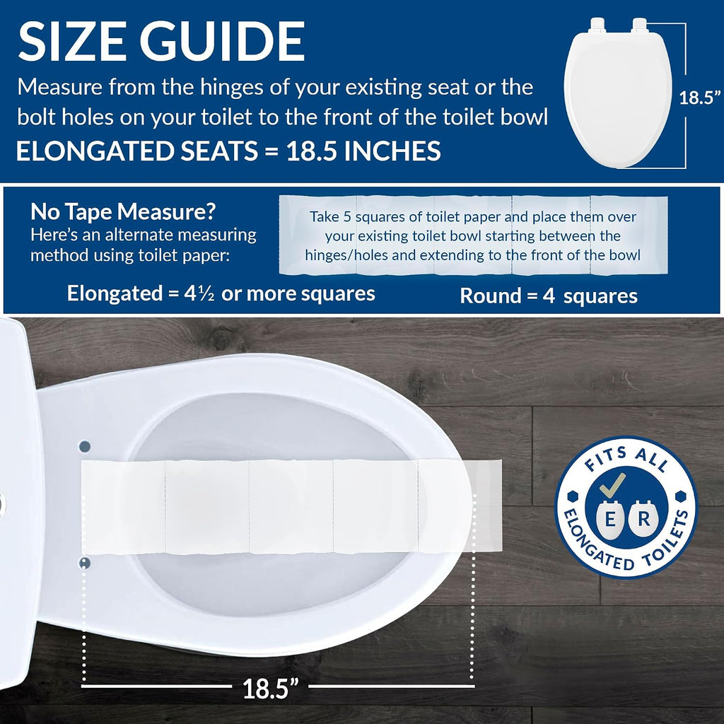 Mayfair Linden Slow Close Toilet Seat, Non Slip Heavy Duty Wood, Easy Install, Elongated, White