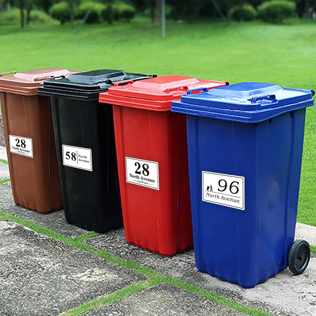 EDSG 4 x Wheelie Bin Stickers, Personalised Bin Numbers for Wheelie Bins, Custom Wheelies Bins Numbers Stickers, Number Sticker with House Number Street Name (Design 1)